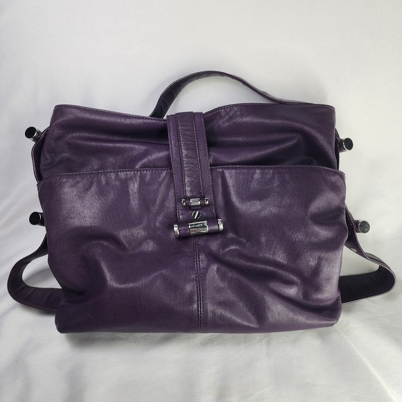 Michael Kors Hinge Shoulder Tote Satchel Bag Purple Pebbled Leather AQ1106 - Picture 1 of 10